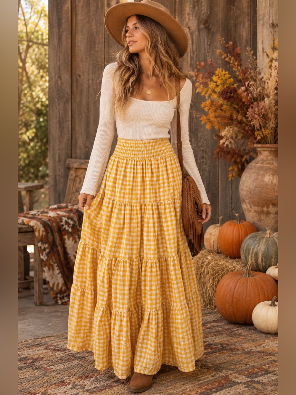 NWOT Petal + Pup Yellow Gingham Cotton Tiered Maxi Skirt Size 8